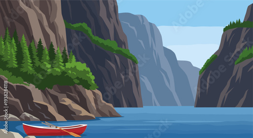 Serene vector landscape illustration showing a red boat floating on a lake surrounded by cliffs, rocks, and a forest, perfect for travel or outdoors themes.