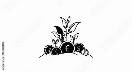 Plants growing from coins with currency symbols