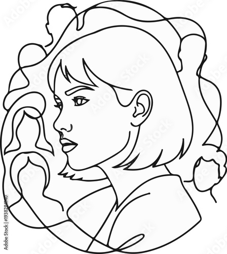Profile of a woman's face surrounded by faint outlines of other faces