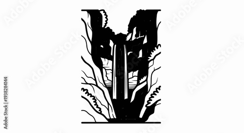 A dramatic ink drawing of a waterfall cascading down rocks surrounded by foliage