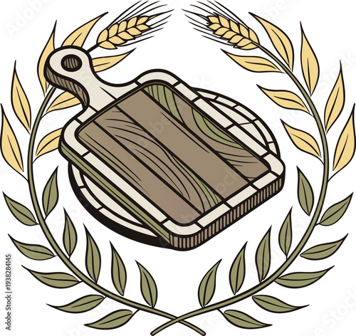 A stylized, symmetrical logo featuring a wooden cutting board at the center, resting atop a circular wooden base. The cutting board is rectangular with a handle, depicted in shades of brown with visib
