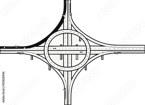 Top-down view of a complex road interchange with a circular roundabout and connecting lanes