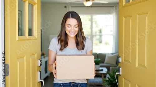 Woman Receiving Package from Delivery Man.
