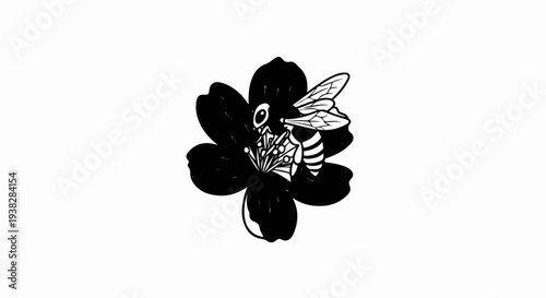 Black and white illustration of a bee on a dark flower