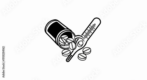 A simple illustration of a pill bottle with pills spilling out, next to a thermometer