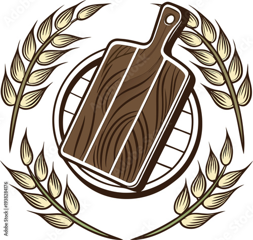 A stylized, symmetrical logo featuring a wooden cutting board at the center, resting atop a circular wooden base. The cutting board is rectangular with a handle, depicted in shades of brown with visib