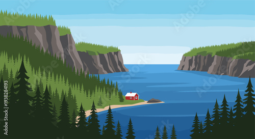 Scenic vector landscape showcases a red cabin beside a calm bay with towering cliffs and evergreen forests, embodying tranquility and inspiring wanderlust.