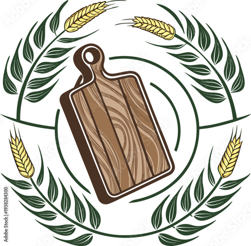 A stylized, symmetrical logo featuring a wooden cutting board at the center, resting atop a circular wooden base. The cutting board is rectangular with a handle, depicted in shades of brown with visib