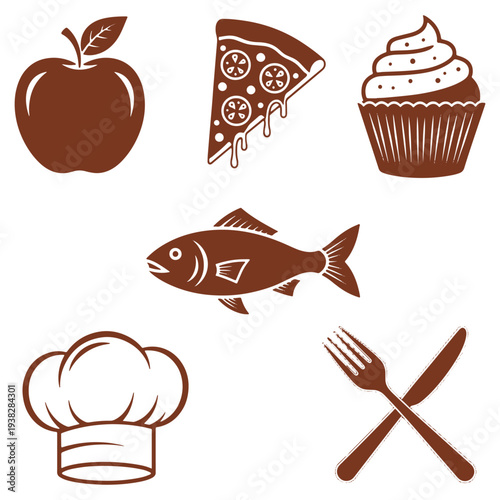 Food and Cooking Icons Seamless Pattern Featuring Apple Pizza Cupcake Fish Chef Hat Utensils