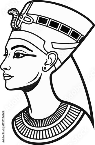 Stylized profile of ancient Egyptian queen wearing a nemes headdress with cobra