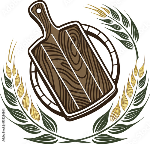 A stylized, symmetrical logo featuring a wooden cutting board at the center, resting atop a circular wooden base. The cutting board is rectangular with a handle, depicted in shades of brown with visib