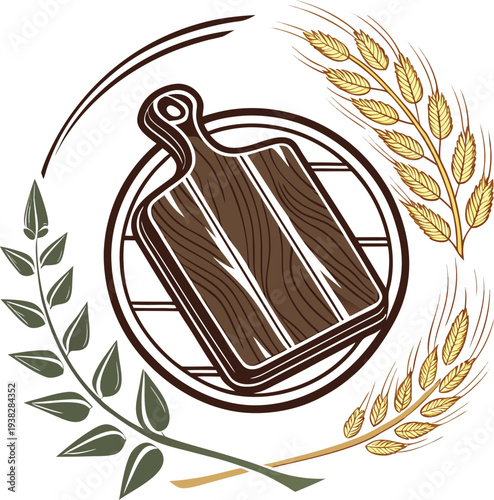 A stylized, symmetrical logo featuring a wooden cutting board at the center, resting atop a circular wooden base. The cutting board is rectangular with a handle, depicted in shades of brown with visib