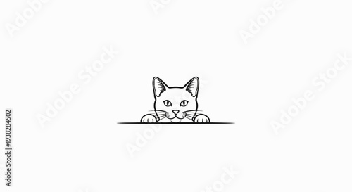 A black and white line drawing of a cat's head peeking over a line