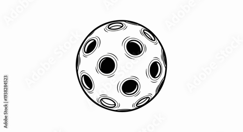 A black and white illustration of a pickleball with many circular holes