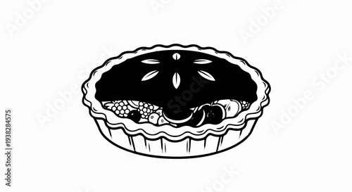 A black and white illustration of a fruit pie with a decorative crust