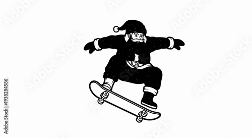 A black and white drawing of Santa Claus on a skateboard performing a trick