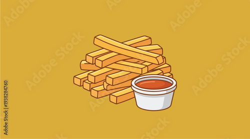 Pile of golden french fries with a small cup of dipping sauce.