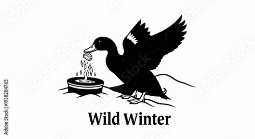 A black duck with white markings on its wings is depicted in a graphic illustration, holding an object in its beak above a steaming pot