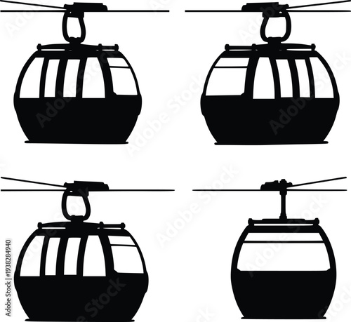 Four black cable car gondolas on wires vector illustration, flat design graphic