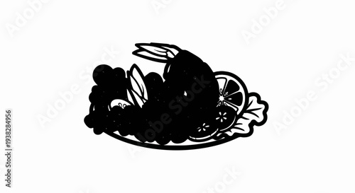 A simple black and white illustration of a seafood platter with lemon slices and greens