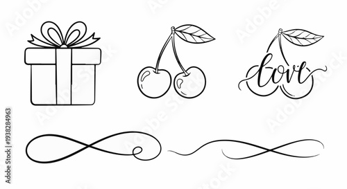 A simple line art illustration of a gift box, cherries, and decorative swirls
