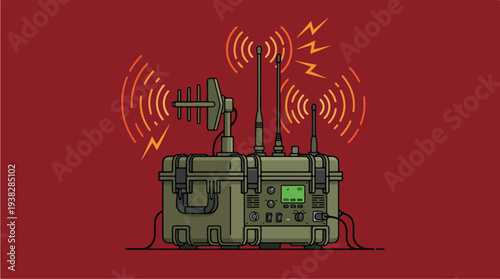 Portable Radio Transmitter with Signal Waves and Lightning Bolts.