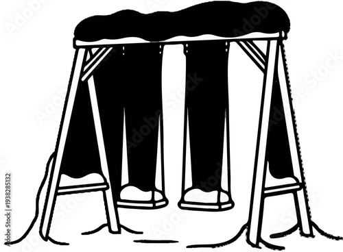 A black and white drawing of a swing set with two seats