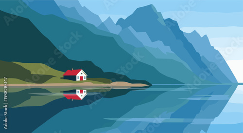 Serene vector art of a solitary white house with a red roof reflected in a calm lake, set against a backdrop of blue mountains, evokes peace.