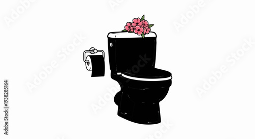 A black toilet with a roll of toilet paper and a bouquet of pink flowers