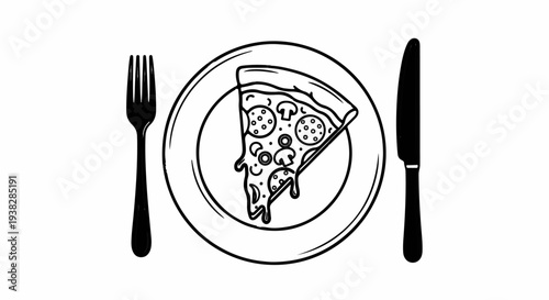 A slice of pizza with melted cheese, on a plate, with fork and knife