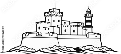 A fortified structure with a lighthouse stands on rocks surrounded by waves