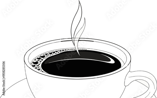 A steaming cup of black coffee with a frothy surface sits on a saucer