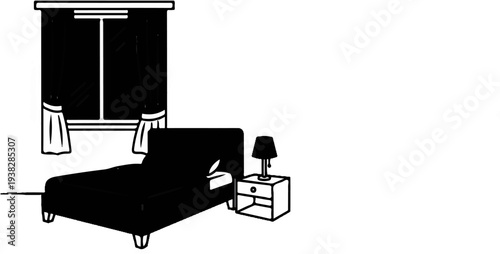 A minimalist bedroom scene with a bed, nightstand, lamp, and window with curtains