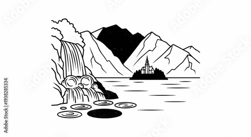 Stylized illustration of a cascading waterfall, tranquil lake, majestic mountains, and an island with a building