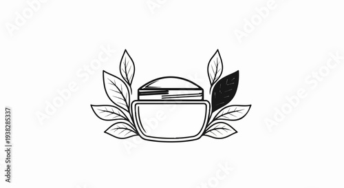A stylized jar of cream framed by leaves