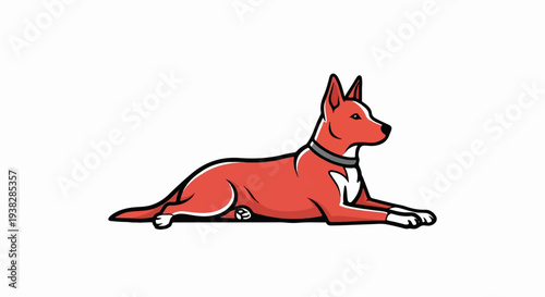 A stylized red dog with a white chest and paws, wearing a collar, lies on a white background