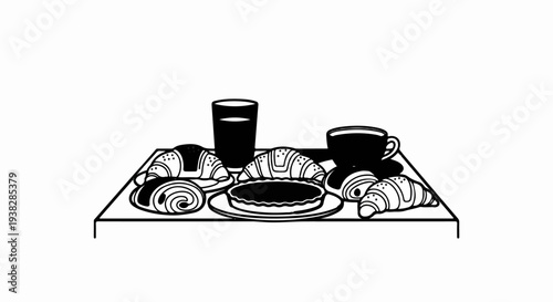 A simple line art illustration of a breakfast spread on a tray