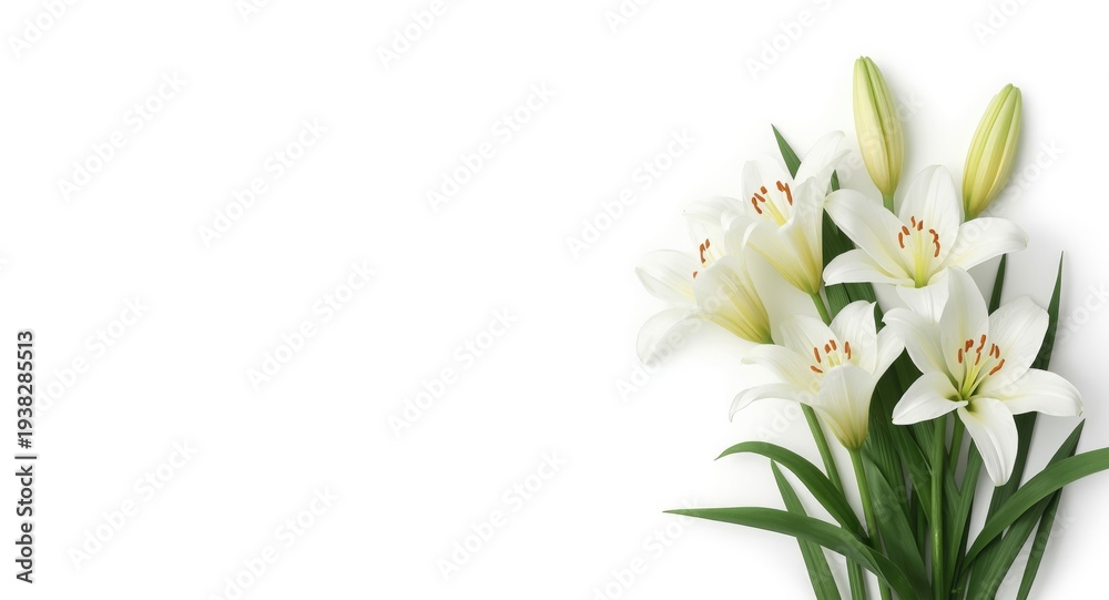 Obraz premium Easter and baptism card with isolated cross and white lilies on copy space background