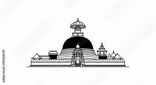 Black and white illustration of a large stupa with surrounding structures