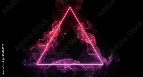Abstract neon triangle frame with glowing energy and smoke on black background