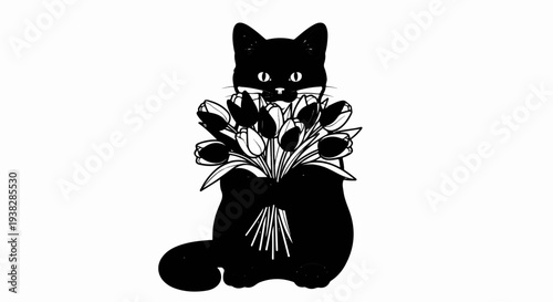 Black cat holding a bouquet of tulips