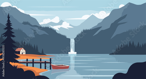 An illustration of a calm lake with a waterfall, a small house, a pier, and a red boat, creating a serene and peaceful landscape. Ideal for backgrounds and designs.