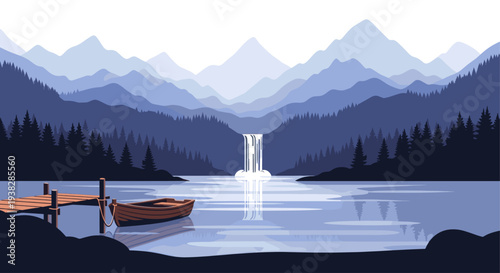A tranquil vector illustration features a wooden boat docked at a pier on a still lake with a distant waterfall, showcasing a peaceful mountain landscape.