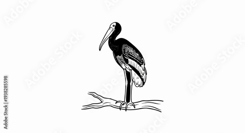 Detailed black and white drawing of a stork standing on a branch