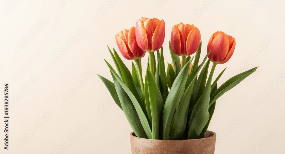 Obraz premium Bright tulip blooms in a stylish pot showing copy space