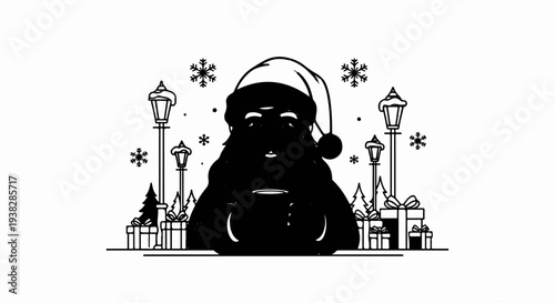 Santa Claus enjoys a warm drink amidst festive holiday decorations and falling snow