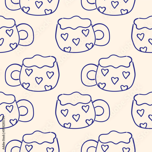 Seamless hand drawn mug pattern with hearts and foam, cozy coffee cup doodle illustration, cute kitchen textile background for fabric, wallpaper, wrapping paper, cafe decor and beverage themed design