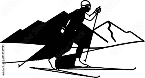 Silhouette of a skier with poles against a mountain backdrop
