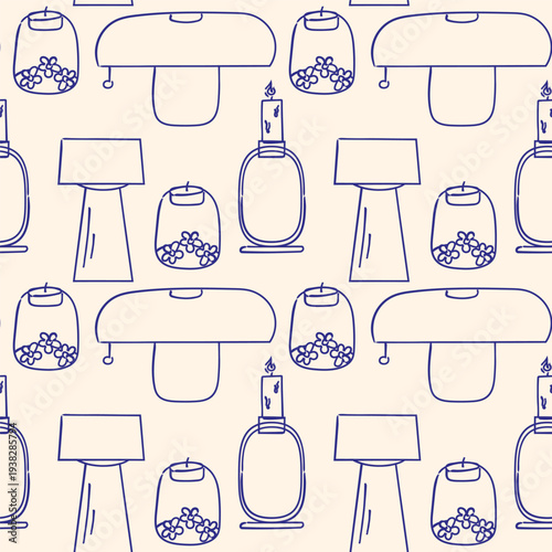 hand drawn home decor seamless pattern with table lamps candles and glass jars, cozy interior doodle illustration, repeating decorative lighting elements in blue line art on beige background