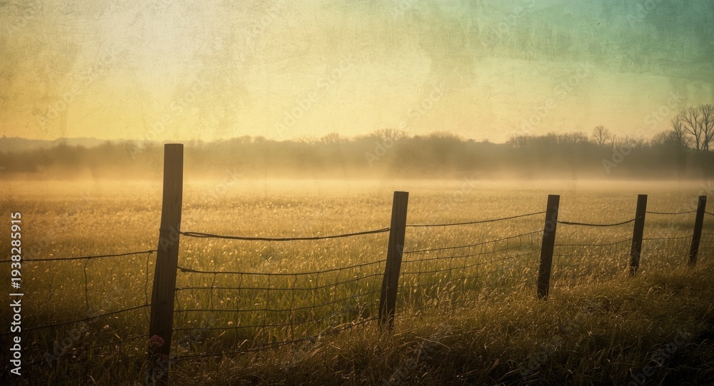 Fototapeta premium Copy space background showing grunge textured early morning fence and meadow